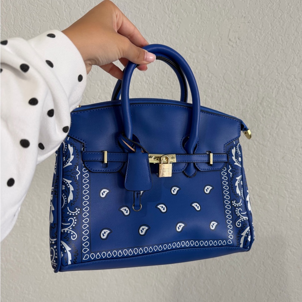 Blue Bandana-Print Structured Top-Handle Bag (Birkin Style)